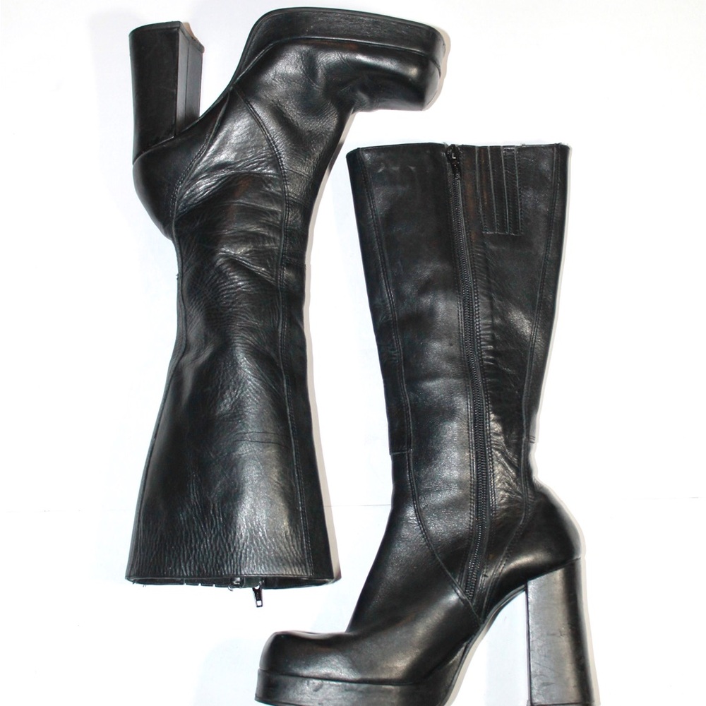 Vintage Steve Madden Shush Black Leather Platform Knee-High Boots